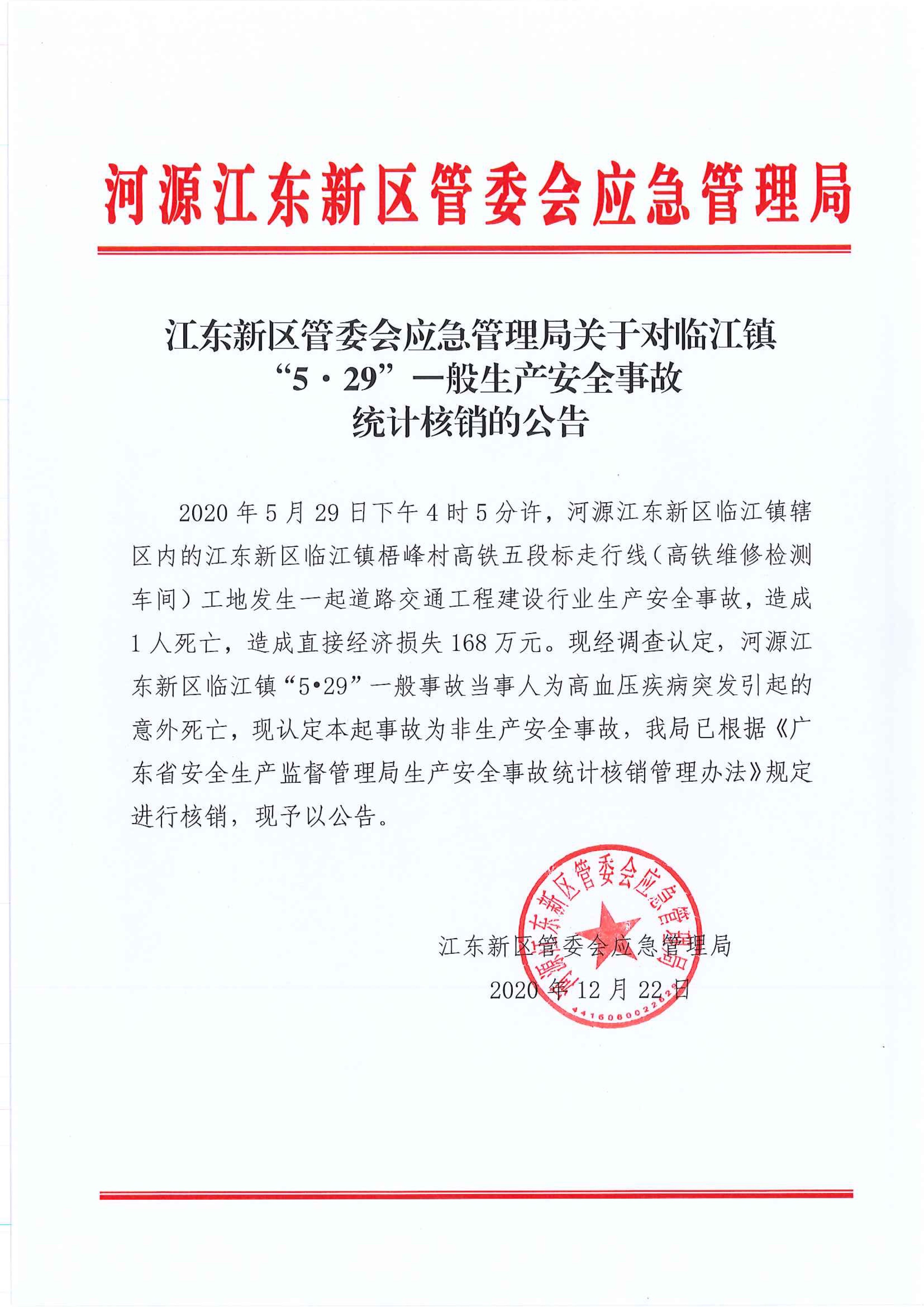 紅頭（公告）江東新區(qū)管委會應(yīng)急管理局關(guān)于對臨江鎮(zhèn)“5.29”一般生產(chǎn)安全事故統(tǒng)計核銷的公告  12:22:2020.jpeg